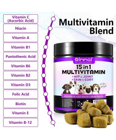 15-in-1 Dog Vitamins and Supplements 150 Chews Dog Vitamins for Dogs Hip and Joint Skin Coat Skin Health Gut Health Heart Health for All Breeds and Ages Dogs - Buy Online on GoSupps.com