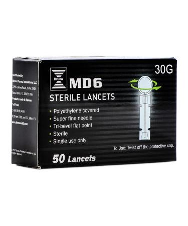 Bruno Pharma MD6 Lancets for Diabetics 30 Gauge (50 Count Box) | Sterile Ultra-Fine Needle Tri-Bevel Tip and Twist Top Protector Cap | Diabetes Lancet for MD6 Blood Sugar Lancing Device and Monitor