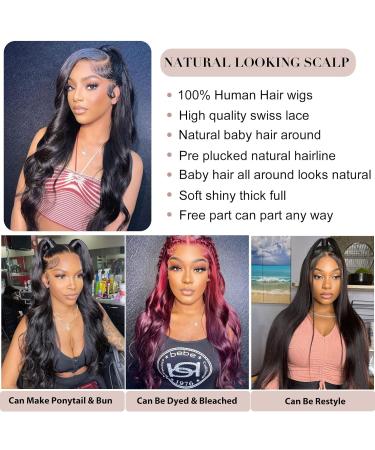 26 Inch Body Wave HD Lace Front Wig | Brazilian Virgin Human Hair | Transparent Lace Frontal Wigs for Black Women | Real Glueless Wig with Baby Hair | 180 Density | Can Be Dyed - Buy Online on GoSupps.com