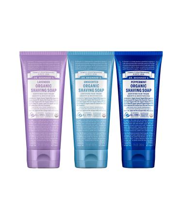 Dr. Bronner's - Organic Shaving Soap (7 oz Variety Pack) Lavender, Baby Unscented, & Peppermint - Certified Organic, Sugar & Shikakai Powder, Moisturizes, Use on Face, Underarms, & Legs | 3 Count