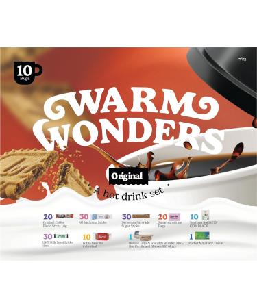 WarmWonders Original - 10 Mugs Hot Drink Set - Coffee and Tea - Includes Assortment of Original Coffee Tea Bags Biscuits Semi Milk Sticks - Airport Security Approved Gift Basket - Buy Online on GoSupps.com