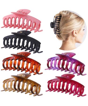 GLAMFIELDS Large Claw Clips for Thick Hair 4.3 inch Hair Clip for Thick Hair Girls Hair Clips Claw Big Hair Clips for Thin Hair Matte Claw Clips Neutral Hair Clips Strong Hold Non Slip 6 Pack Pink Black Brown C...