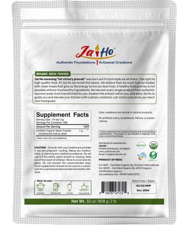 Organic Neem Powder - 2 LB | USDA Certified, Gluten-Free, Vegan, Non-GMO | Resealable Zip Lock Pouch by Jai Ho - Buy Online on GoSupps.com