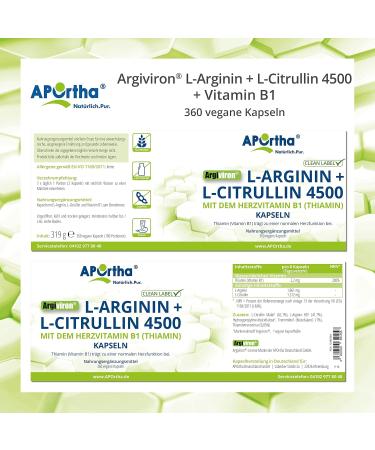 Buy Aportha Argiviron L-Arginine + L-Citrulline 4500mg - 360 Vegan Capsules | High-Dose Heart Vitamins B1 | Allergen-Free Supplement - Buy Online on GoSupps.com