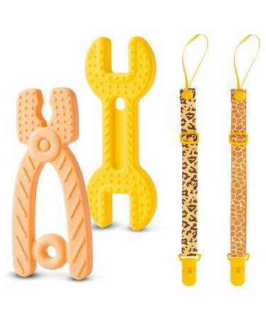 4Pack Silicone Teething Toys for Babies 0-12 Months Soothe Babies Sore Gums BPA Free Chew Relief Toys with Clip Hammer Wrench Spanner Pliers Shape Molar Teether Keepsake Gifts for Infants Toddlers Orange+Yellow