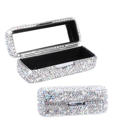 Rhinestone Lipstick Case with Mirror Bling Crystal Lipstick Case Diamonds Makeup Cosmetic Storage Box Lipstick Holder for Purse Ladies Fashion(Silver Color)