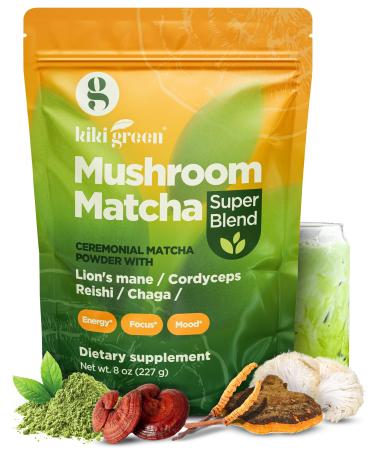 KIKI Green Mushroom Matcha Super Blend - Matcha Powder with Lion's Mane, Chaga, Reishi, Cordyceps - Mushroom Coffee Alternative for Energy, Focus, Immunity - 8 oz, 40 Servings 8 Ounce (Pack of 1)