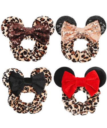 4 Pcs Leopard Mouse Ears Velvet Scrunchies Sequin Bows Hair Bands Ponytail Hair Ties Hair Accessories for Women Girls Adult Kids