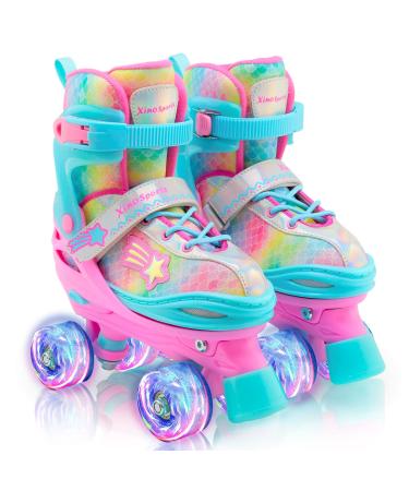 Xino Sports Rainbow Kids Roller Skates for Girls & Boys - Adjustable Rollerskates with LED Illuminating Light Up Wheels - Youth Skates Can Be Used Indoors & Outdoors Small (J10-J13)