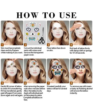 Day of the Dead Face Tattoos - 10 Sugar Skull Floral Designs for Halloween Party - Temporary Full Face Stickers for Adults & Kids - Buy Online on GoSupps.com