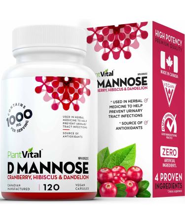 PlantVital D-Mannose 1000mg w Cranberry HIGH Potency Urinary Tract Treatment, Bladder Control, Kidney Cleanse & UTI Support. 100% Natural Detox. Plus Hibiscus & Dandelion. 2 Months Supply 120 Count (Pack of 1)