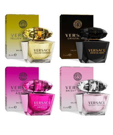 Versace Perfume for Women Set of 4 Mini Bright Crystal Yellow Diamond Crystal Noir Bright Crystal Absolu Perfume for Women Fragrance Sampler Set Designer Womens Samples (4 Count 0.17 oz)