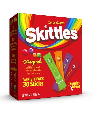 Skittles Singles To Go Variety Pack, Powdered Drink Mix, Zero Sugar, Low Calorie, Includes 4 Flavors: Green Apple, Strawberry, Grape, Orange, 1 Box (30 Single Servings) Original Variety Pack 30 Count