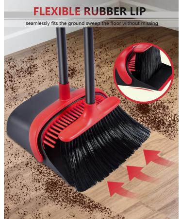 Broom and Dustpan Set - Upgrade 52 Long Handle Broom with Stand Up Dustpan Combo for Home, Office, Kitchen - Red - Buy Online on GoSupps.com