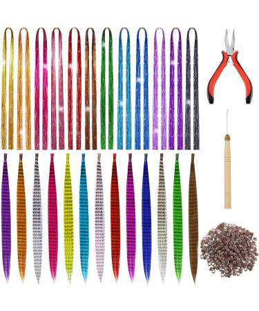 1440 Strands Hair Tinsel Kit with Tools Glitter Hair Extension Tinsel 26 Pieces 13 Colors Feather Hair Extensions Heat Resistant Synthetic Hair with 200 Micro Ring Beads for Women Cosplay Party Supply