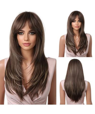 HAIRCUBE Long Brown Layered Synthetic Hair Wigs for Women with Highlight 23 inch Brown with Accent