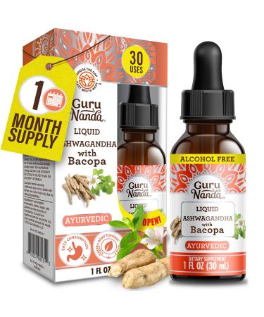 GuruNanda Liquid Ashwagandha with Bacopa (1 Fl Oz) - Natural Dietary Supplement- Liquid Extract Drops - for Men & Women- Vegan & Alcohol-Free - Aids in Immune Focus & Relaxation Support