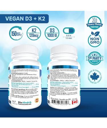 Vegan Vitamin D3 1000 IU + Vitamin K2 MK-7 Form (120 mcg). 150-Day Supply 150 Vegetarian Capsules - Buy Online on GoSupps.com