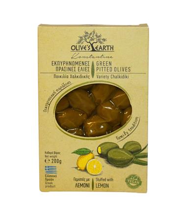 Olive's Earth Natural Greek Pitted Green Olives Stuffed with Lemon Chalkidiki Variety, Pack of 4 x 200g (Total: 800g)