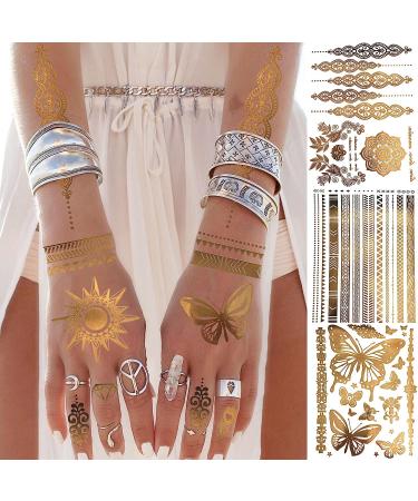 Bilizar 9 Sheets Flash Gold Temporary Tattoos - 110+ Designs Metallic for Women & Adults | Golden Lion, Sun, Moon, Star, Butterfly Glitter Tattoo Sticker | Fake Tattoos for Long-Lasting & Realistic Look - Buy Online on GoSupps.com