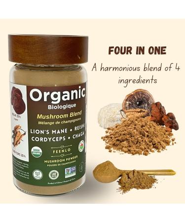 Feenlo - Organic Non-GMO 4 in 1 Mushrooms Blend. Reishi Cordyceps Lion's mane Chaga ground mushroom powder in a glass jar | 250g (8.8 Oz) | Best before Jul 19 2027 - Buy Online on GoSupps.com