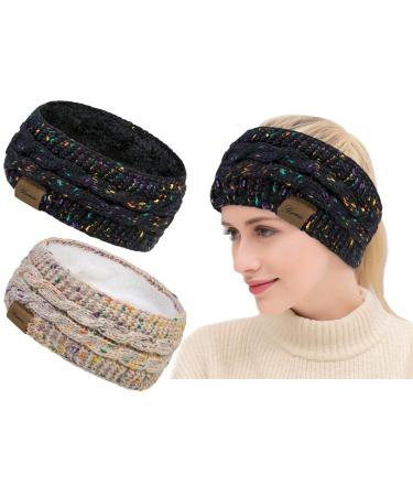 Confetti Winter Cable Knit Headbands Women Knitted Headbands Twist Lining plus Velvet Chunky Elastic Thermal Headbands Head Wrap Winter Ear Warmer Girls Ladies (Black+color beige+color)