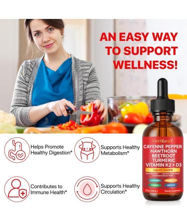 Cayenne Pepper Drops Supplement Liquid 60ml Herbal Supplements Cayenne Pepper Hawthorn Beet Root Turmeric Curcumin Vitamin K2 & D3 Extract Organic - Buy Online on GoSupps.com