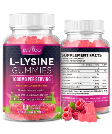 BVIVLOO L-Lysine 1000mg Gummies for Immune Support & Skin Health - High Potency Vegan Sugar-Free Gluten-Free Supplement with Natural Raspberry Flavor for Adults & Kids - 60 Gummies