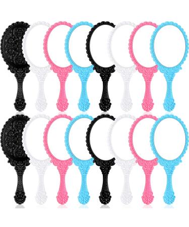 Yalikop 16 Pcs Retro Hand Held Mirror Vintage Handheld Vanity Cute Oval Decorative with Handle Compact Travel Makeup for Girls (Black, White, Blue, Pink)