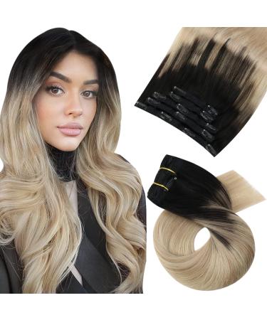Moresoo Balayage Clip in Hair Extensions Real Human Hair 24inch Blonde Human Hair Extensions Dark Roots Human Hair Black to Blonde Ombre Clip Hair Extensions 7Pcs 120Grams Double Weft Clip Extensions 60 cm #1B/18/60