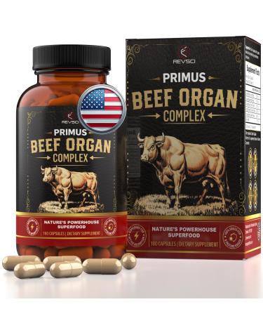 Grass Fed Beef Organ Supplement for Men & Women - PRIMUS Grassfed Beef Liver Capsules with Heart Ancestral Blend 5 Organ Meat Supplements & BioPerine for Absorption Vitality Energy 180 Pills