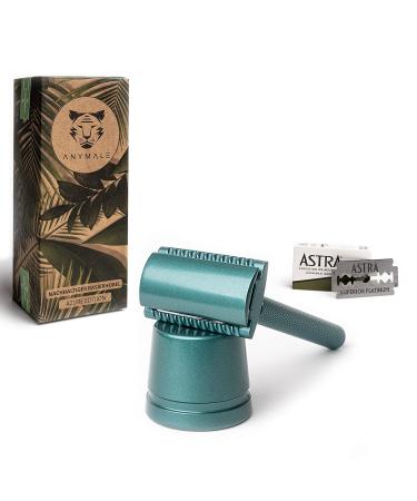 Anymale Plastic-Free Razor Plane Azure Edition - Eco-Friendly Wet Razor Set for Men & Women with Stand & 5 Astra Blades - Emerald Green - Buy Online on GoSupps.com
