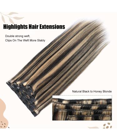 Asteria Ombre Black to Honey Blonde Clip in Human Hair Extensions - 7pcs 120g 16 Straight Highlights for Women - Buy Online on GoSupps.com