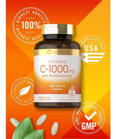 Carlyle Vitamin C 1000mg | with Rose Hips and Citrus Bioflavonoids | 250 Caplets | Vegetarian Non-GMO Gluten Free Supplement - Buy Online on GoSupps.com