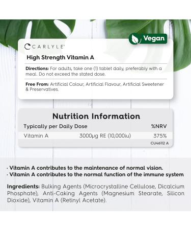 Vitamin A Tablets 10000 IU | 365 Count (1 Year Supply) | Vitamin A as Retinol Acetate | High Strength | Vegan and Vegatarian | by Carlyle - Buy Online on GoSupps.com