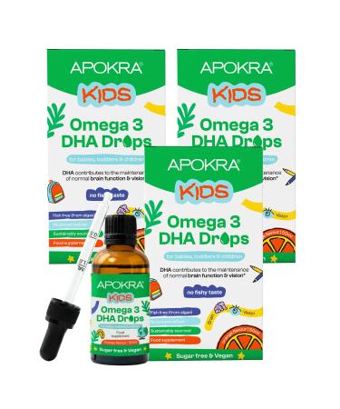 Omega 3 Vegan DHA drops for children bundle 50 ml no fish flavor preservative free and sugar free Sustainable algae alternative to fish oil APOKRA Kids 3