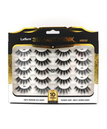 Laflare Silk Lashes 3D Faux Mink Eyelashes Multipack Light Natural Looking Professional Easy to Apply Eyelashes in a Knitted Style 10 Pairs Jumbo Pack (A46X10P)
