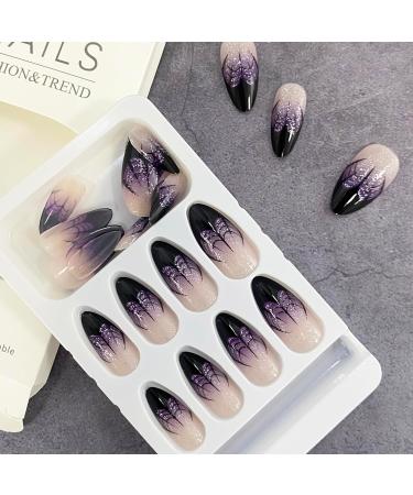 Shop Stylish Almond Halloween Press on Nails | Short Purple Fake Nails with Spider Web French Tip | 24pcs Shiny Acrylic Nails for Party Manicure - Buy Online on GoSupps.com