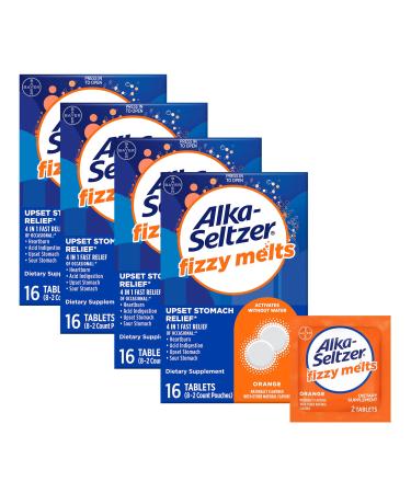 Alka-Seltzer Fizzy Melts Dissolve on Tongue No Water Needed On-The-Go Dietary Supplement Antacid Tablets for Relief of Occasional Heartburn and Acid Indigestion* Orange Flavor 64 Count