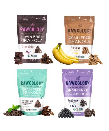 Rawcology - Chocoloco Mix (Chocolate Banana Blueberry Mint Choco Chip) | Grain Free Granola | Gluten Free | Healthy Cereal | Vegan Low Sugar Keto Paleo Peanut Free Allergen Friendly (4x200g) Coconut