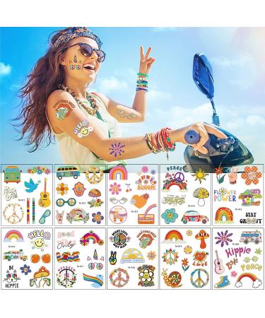70s Groovy Temporary Tattoos - Flower Fake Tattoos Stickers for Retro Hippie Theme Party Supplies (10 Sheets) - Buy Online on GoSupps.com