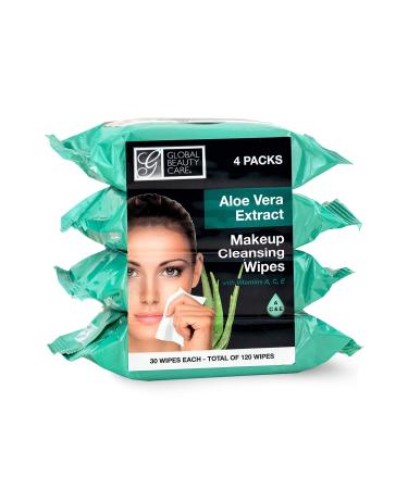 Global Beauty Care Cleansing Makeup Removal Wipes Bulk - Great for travel toiletries - 120 Count (4-Pack) (Aloe Vera)