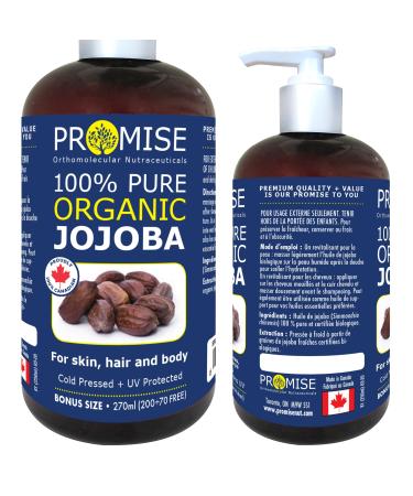 270ml (9oz) ORGANIC JOJOBA Oil 100% Pure Moisturizing Oil skin hair and body Unrefined Hexane Free Natural Cold Pressed + UV Protected Carrier Oil Certified Organic Made in Canada (270ml) 270 ml (Pack of 1)