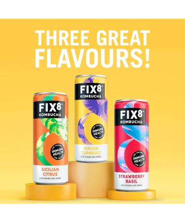 Fix8 Kombucha Drink - Live Cultures, Probiotics, Immune-Boosting, Low Calorie, Vitamins B&C - Vegan, Gluten Free, Sustainable - 12x250ml (Ginger Turmeric) - Buy Online on GoSupps.com