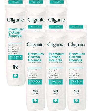Cliganic Premium 100% Cotton Makeup Remover Pads 540 Count, (Pack of 6) Cotton Rounds 90 Count (Pack of 6)