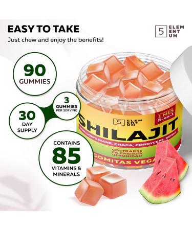 5 elementum Original Shilajit Gummies 2200 mg 90 pieces Premium Shilajit Gummies with Lions Mane Reishi Chaga & Cordyceps Himalayan Shilajit for energy and vitality with the aroma of watermelon Watermelon 90 Gummies - Buy Online on GoSupps.com