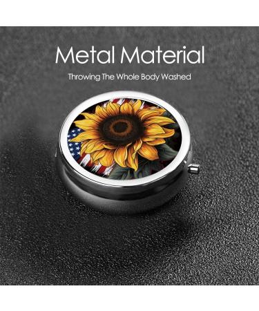 Sunflower & American Flag Portable Metal Pill Box | Round Mini 3-Compartment | Travel-Friendly Design | Ideal for Small Pills - Buy Online on GoSupps.com