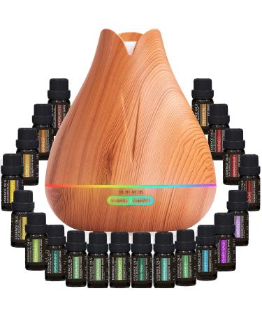 Aromatherapy Essential Oil Diffuser Gift Set - 400ml Ultrasonic Diffuser with 20 Essential Plant Oils - 4 Timer & 7 Ambient Light Settings - Therapeutic Grade Essential Oils Light Wood Diffuser + 20 Essential Oils - Buy Online on GoSupps.com