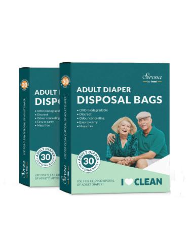 Sirona Premium Adult Diaper Disposal Bags - Pack of 60 | Nature Friendly Odor Sealing Bags for Discreet Disposal of Adult Diapers, Baby Diapers and Feminine Hygiene Products | Travel Friendly Bags 30 Count (Pack of 2)
