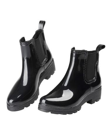 EYUSHIJIA Women's Short Rain Boots Waterproof Slip On Ankle Chelsea Booties 8 Black-a